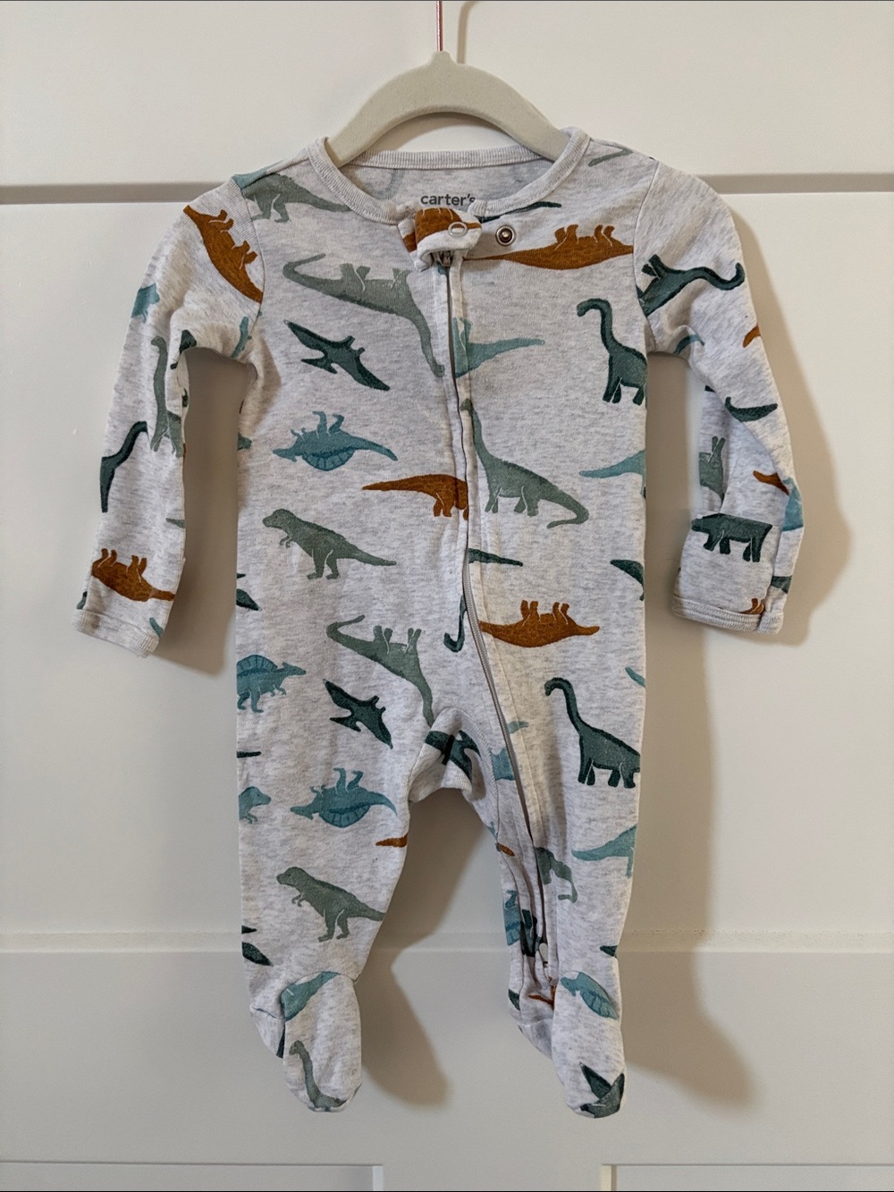 Carter's Gray and Green Dinosaur Print Footed One-Piece Pajama 0-3 months